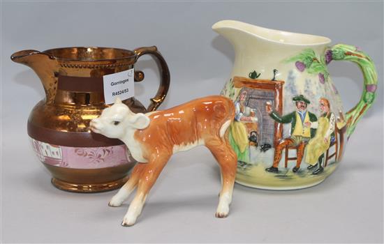 A Beswick model of a calf and a Staffordshire musical pottery jug and a lustre jug